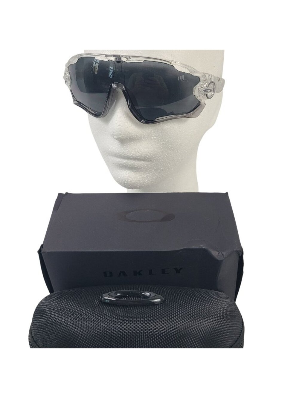 NEW Oakley Jawbreaker Clear Frame & Black Lens Sports Sunglasses